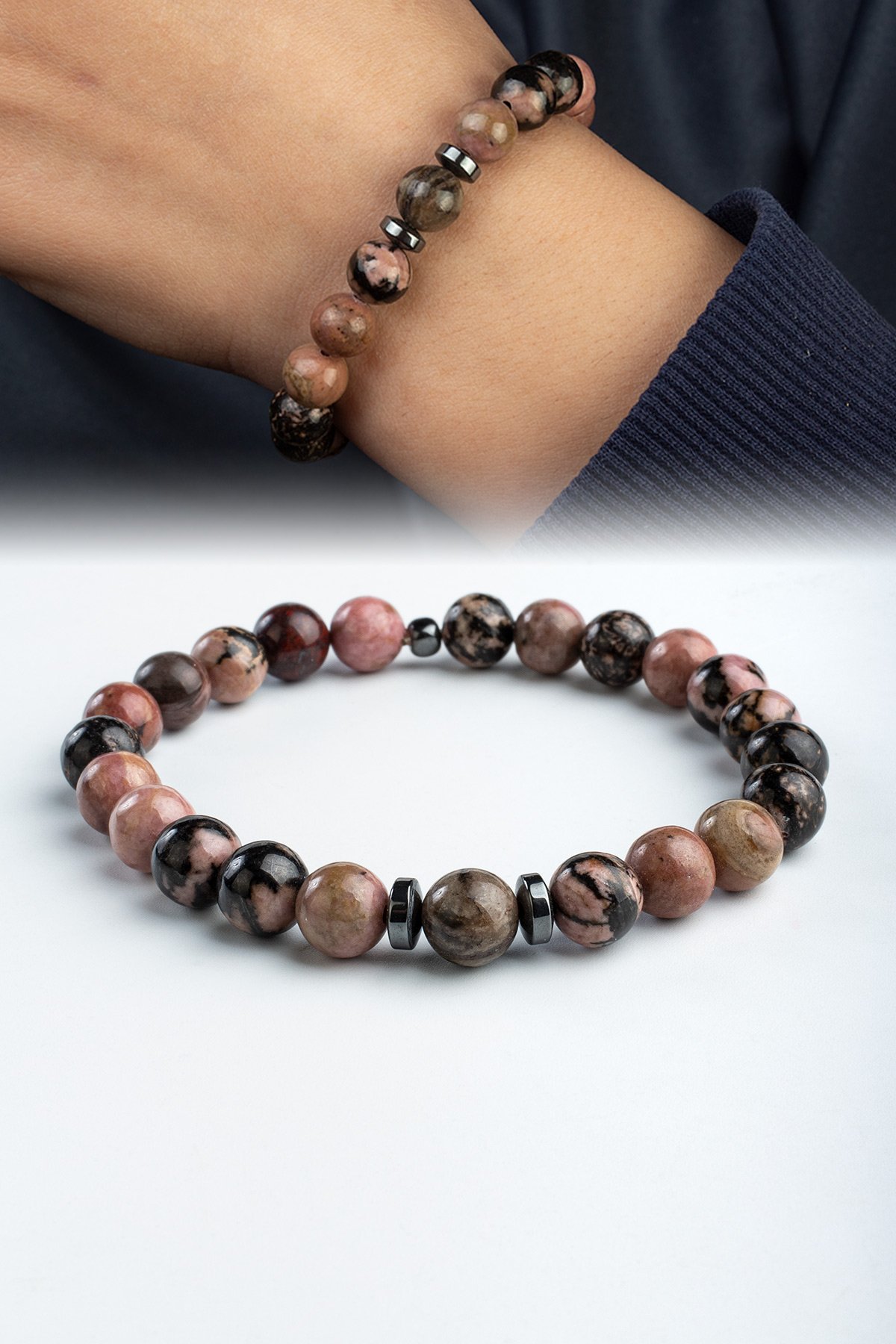 Rodonit Doğal Taş Küre Kesim Parlak Pembe Damarlı 8mm Bileklik