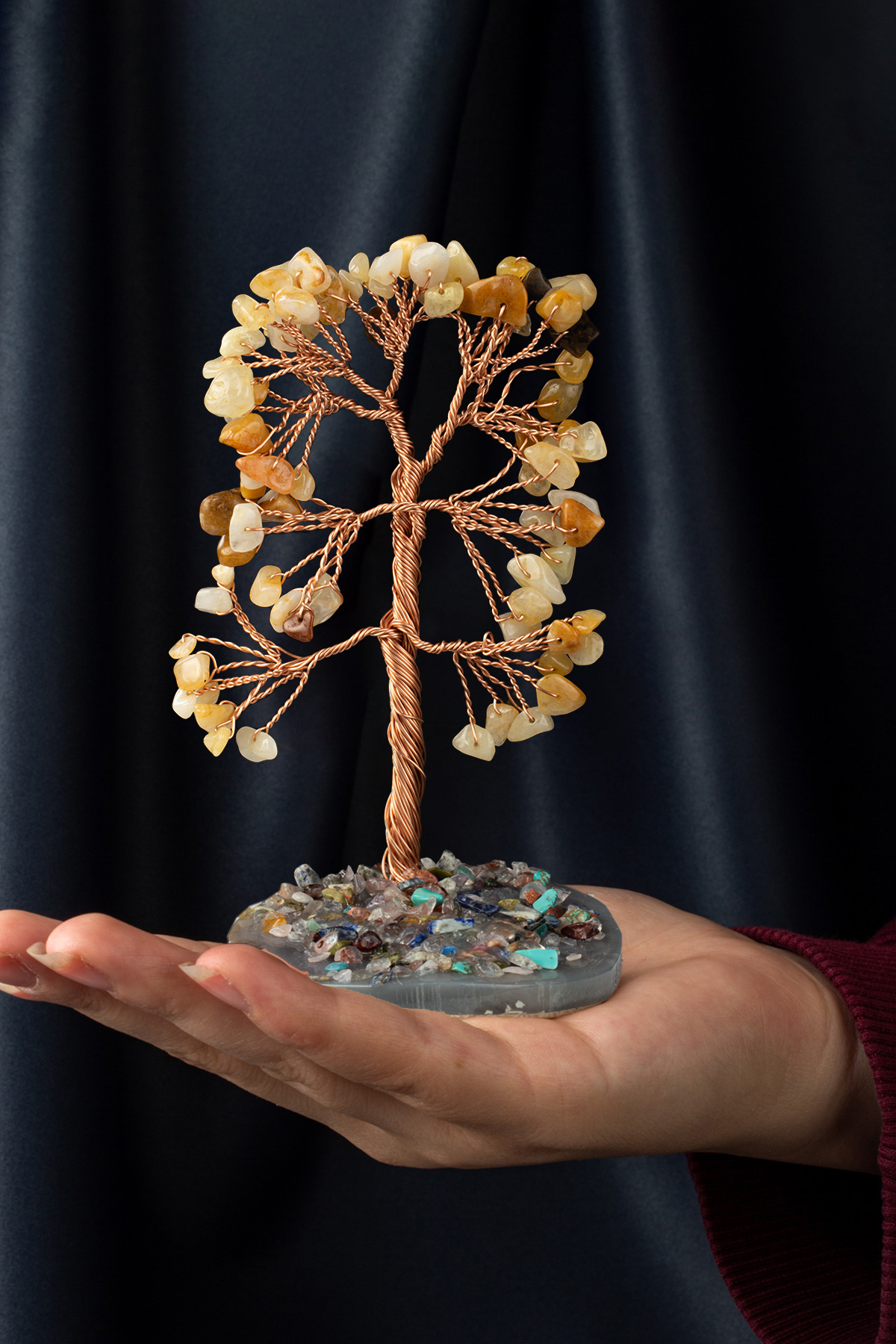 Sarı Akik Taşı El Yapımı 6x12cm Doğal Taş Dekoratif Hayat Ağacı