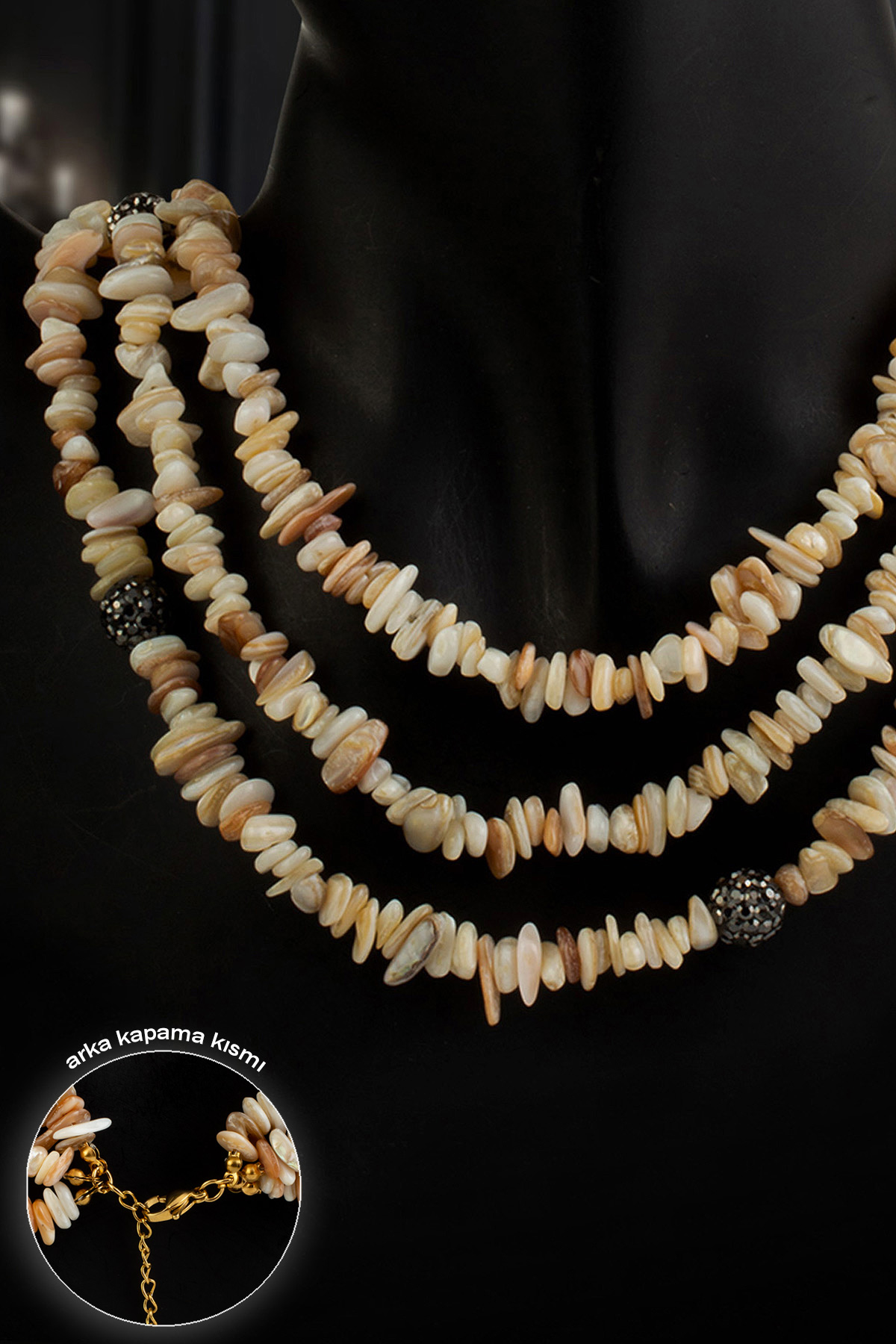 Sedef Kırık Doğal Taş Krem Markazit Taşlı 3 lü Çelik Kolye