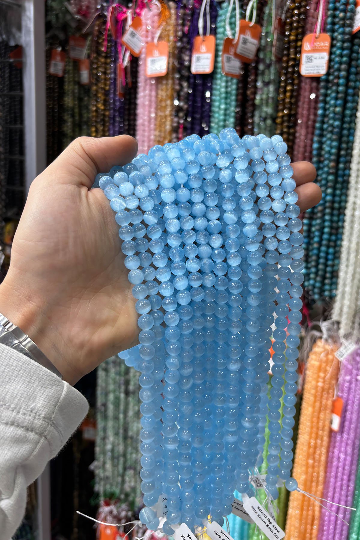 Selenit Taşı Mavi Küre Kesim 8mm Dizi