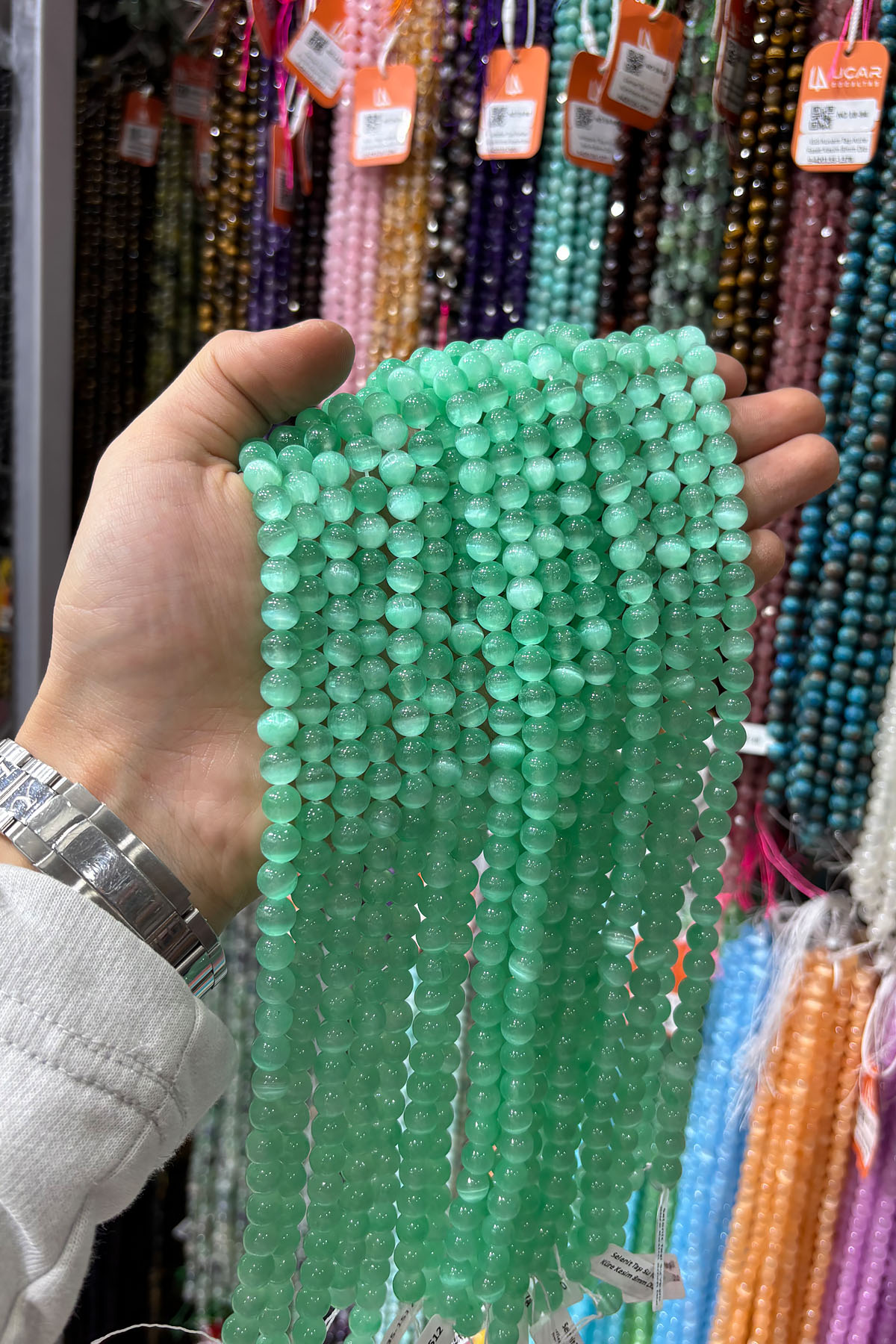 Selenit Taşı Su Yeşili Küre Kesim 8mm Dizi