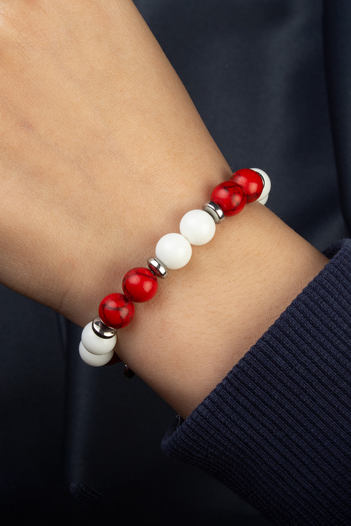 Sıkma Mercan Cam Kırmızı Beyaz Doğal Taş Taraftar Bilekliği