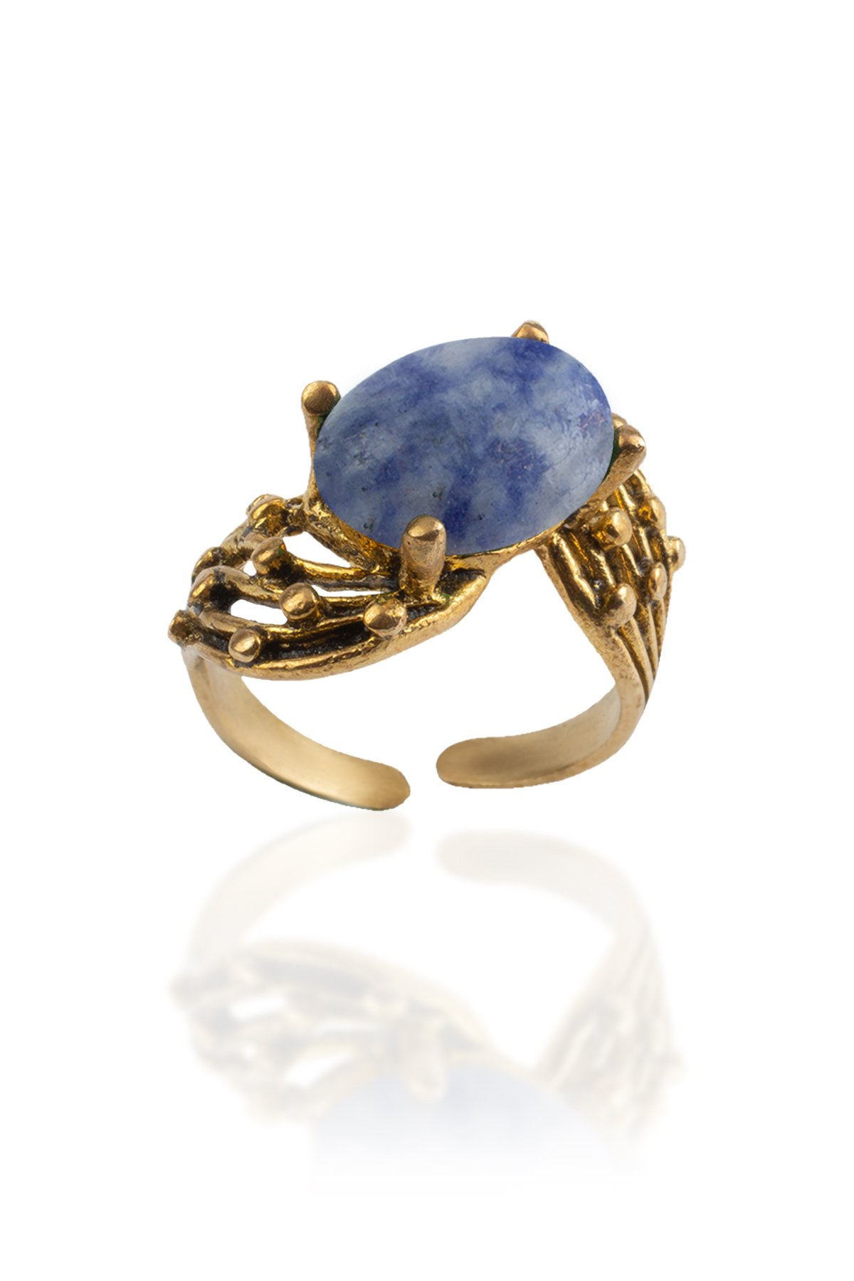 Sodalit Doğal Taş Bronz Elips Kesim Ayarlanabilir Yüzük