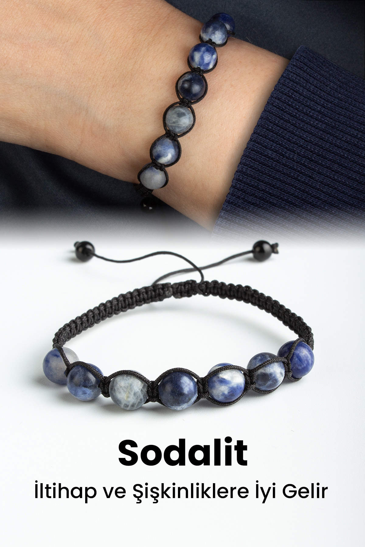 Sodalit Doğal Taş Küre Kesim 8mm Makrome Bileklik