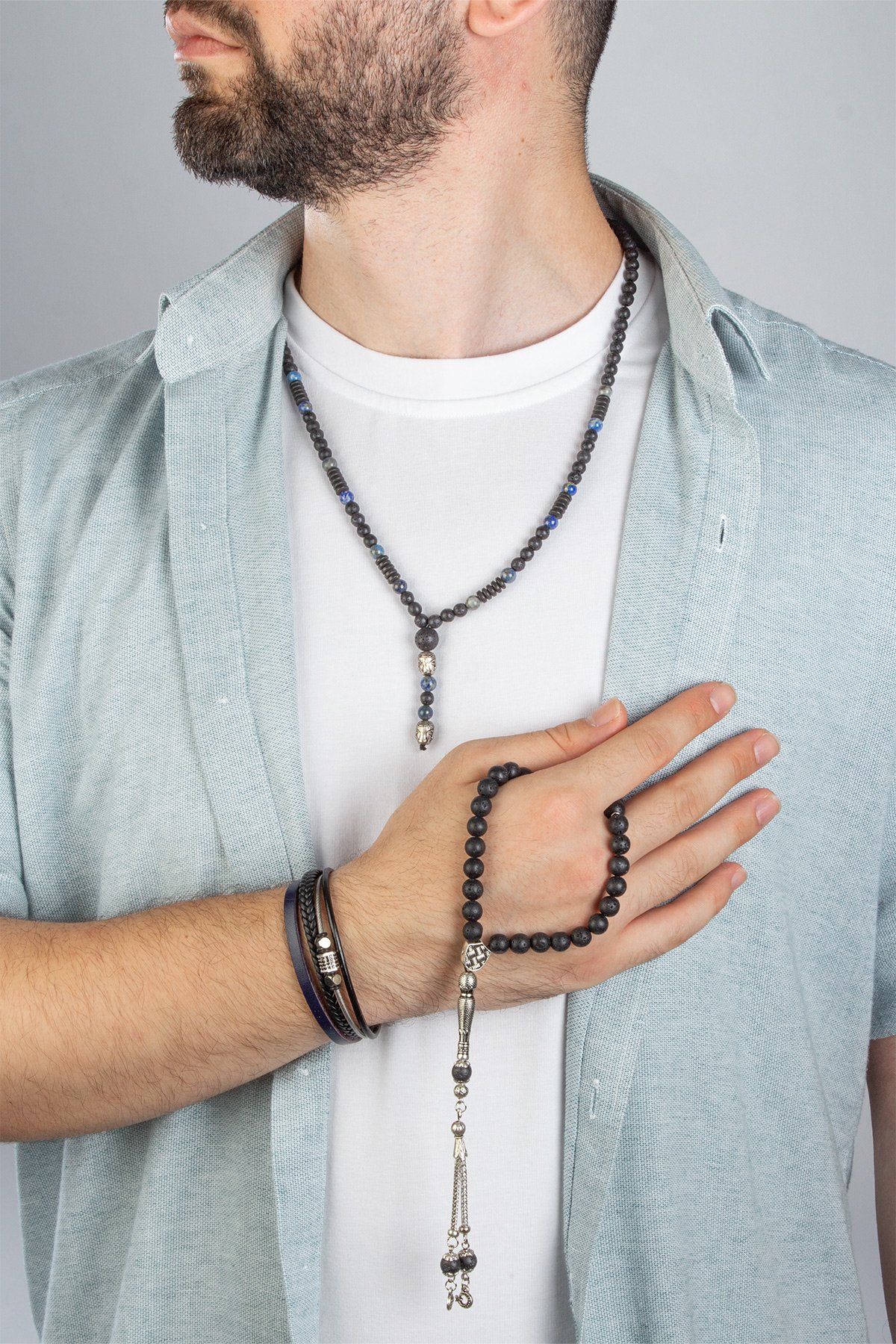 Sodalit Doğal Taşlı Deri Bileklikli 3 lu Hediye Erkek Takı Seti