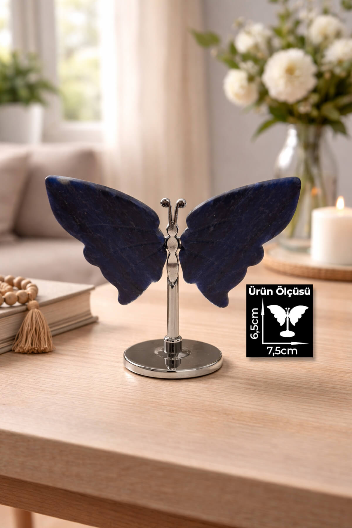 Sodalit Taşı Doğal Taş Standlı Kelebek Figürlü Ev Dekorasyon Obje