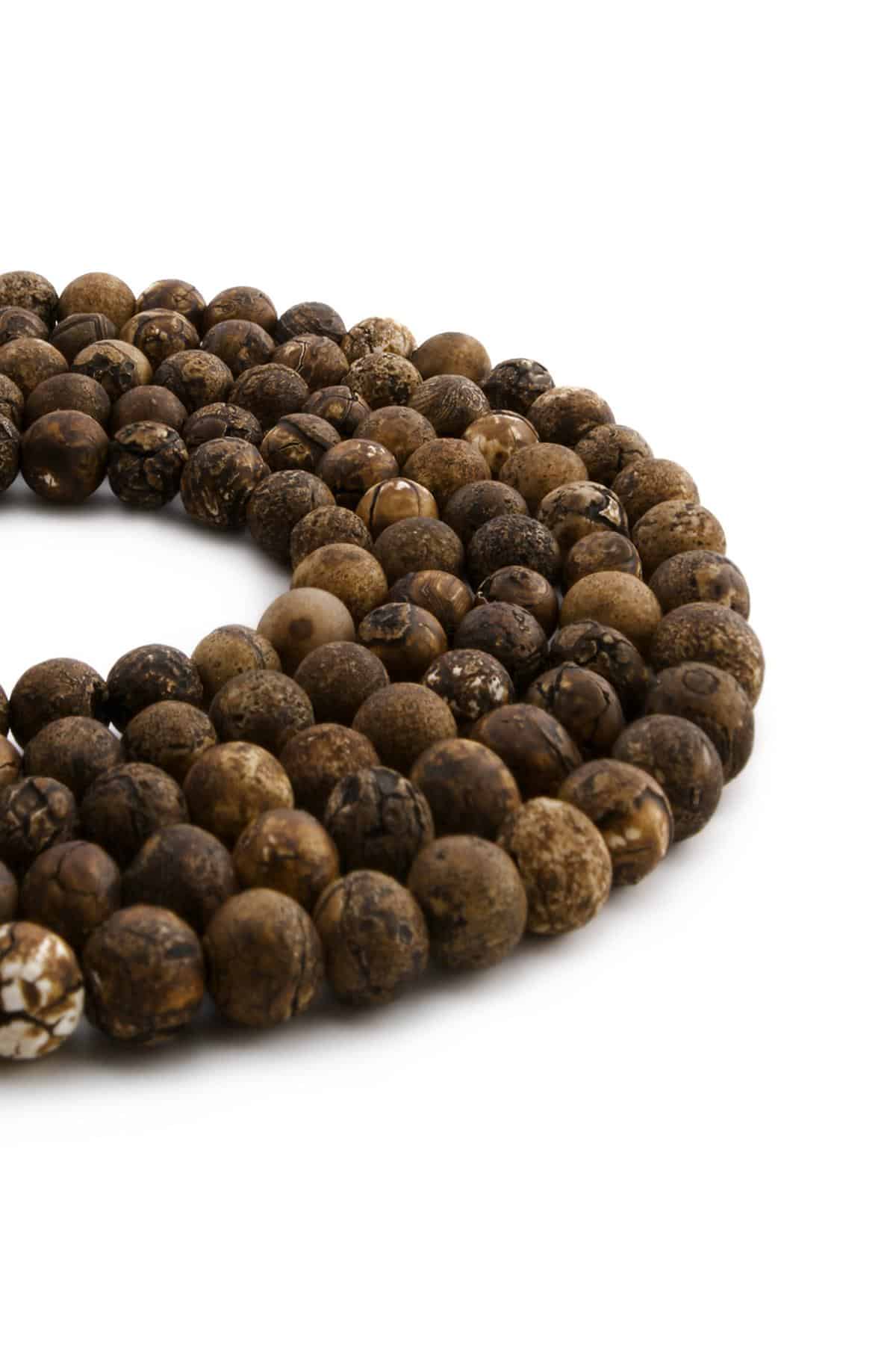 Tibet Akik Doğal Taş Mat Kahverengi Küre Kesim 8mm Dizi