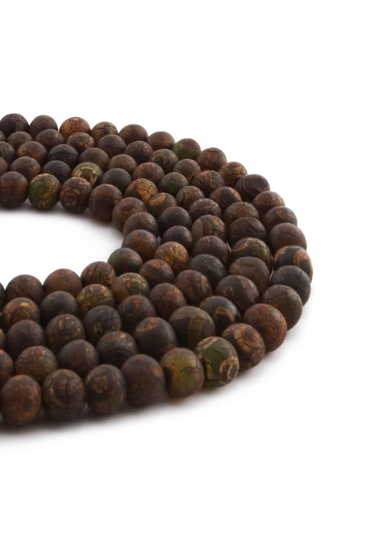 Tibet Akik Doğal Taş Mat Koyu Kahverengi Yeşil Küre Kesim 8mm Dizi
