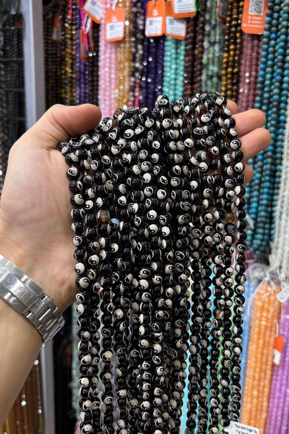 Tibet Akik Doğal Taş Ying Yang Desenli Küre Kesim 8mm Dizi