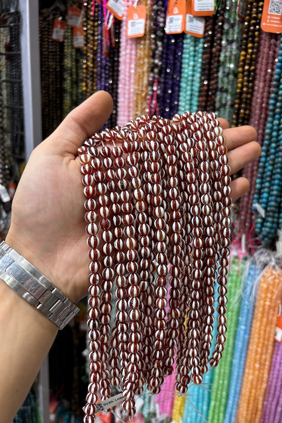 Tibet Akik Taşı Küre Kesim 8mm Kırmızı Beyaz Doğal Taş Dizi