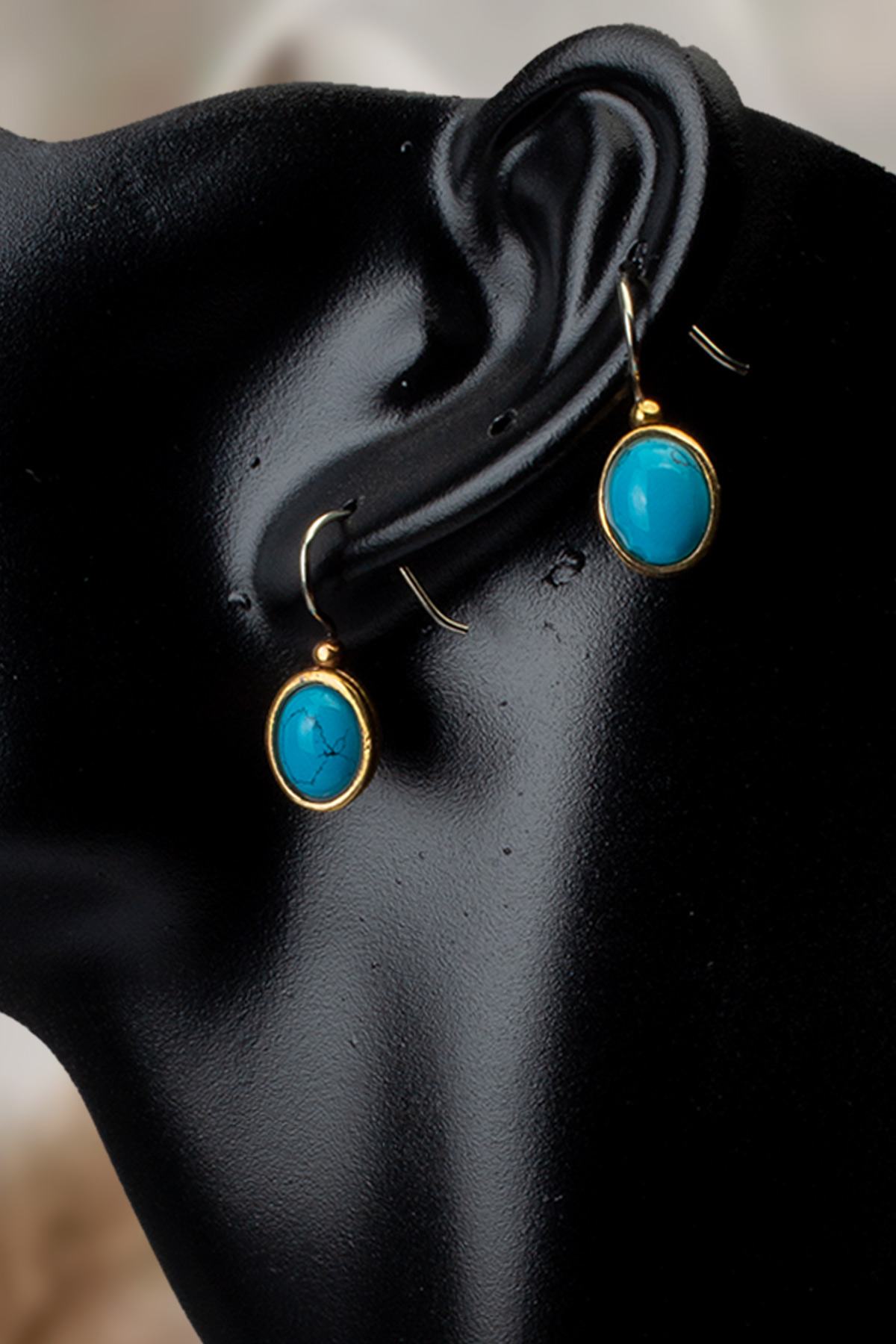 Turkuaz Doğal Taş Büyük Oval Kesim Bronz Küpe