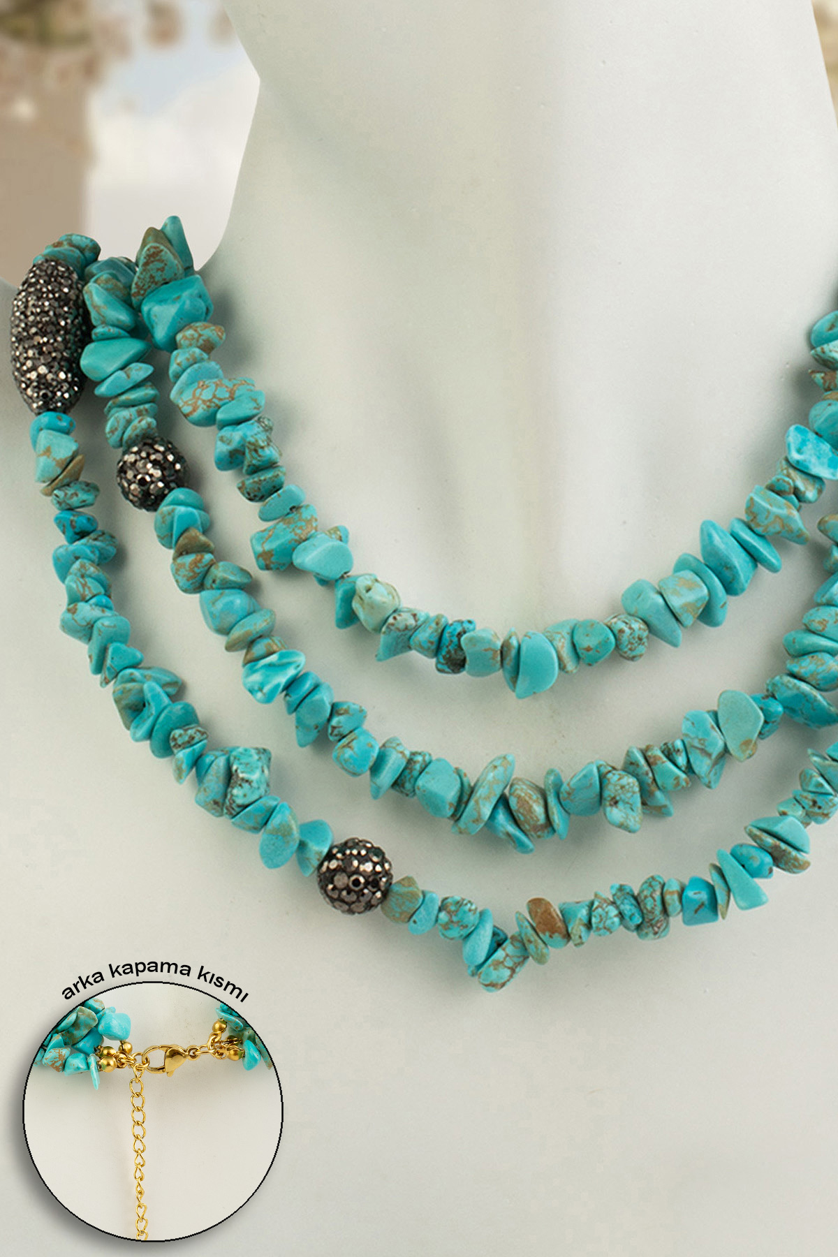 Turkuaz Kırık Doğal Taş Markazit Taşlı 3 lü Çelik Kolye