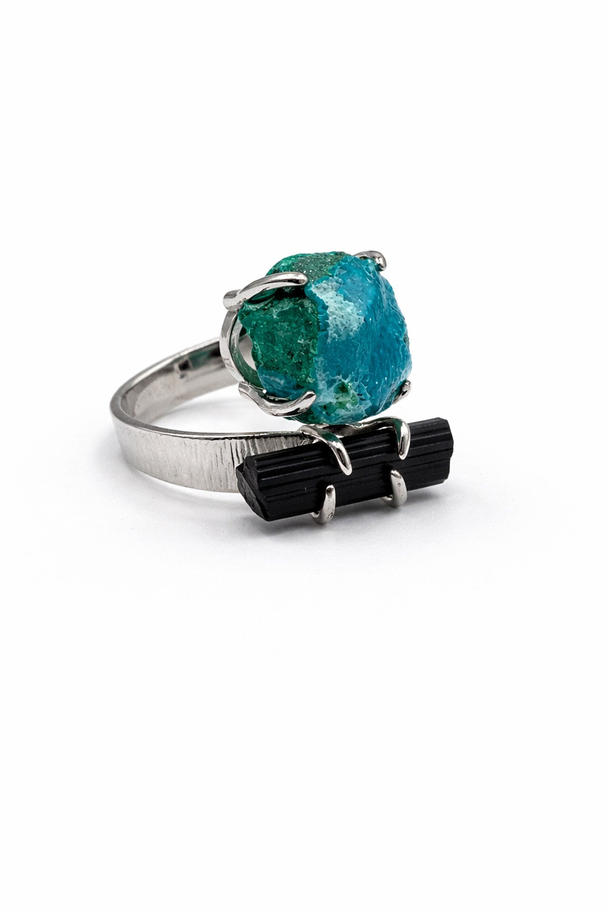 Turmalin & Azurit Taşı Ham Kütle Kesim Çelik Ayarlanabilir Yüzük