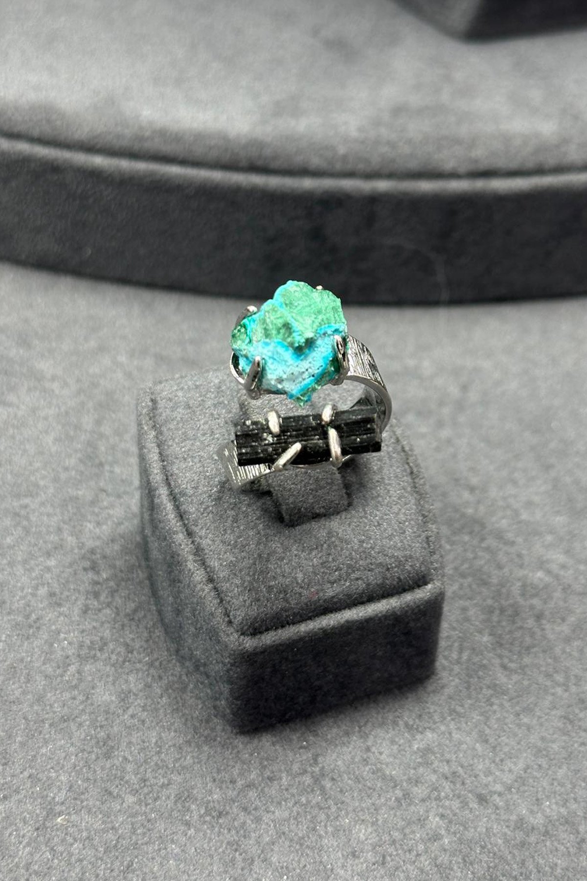 Turmalin & Azurit Taşı Ham Kütle Kesim Çelik Ayarlanabilir Yüzük