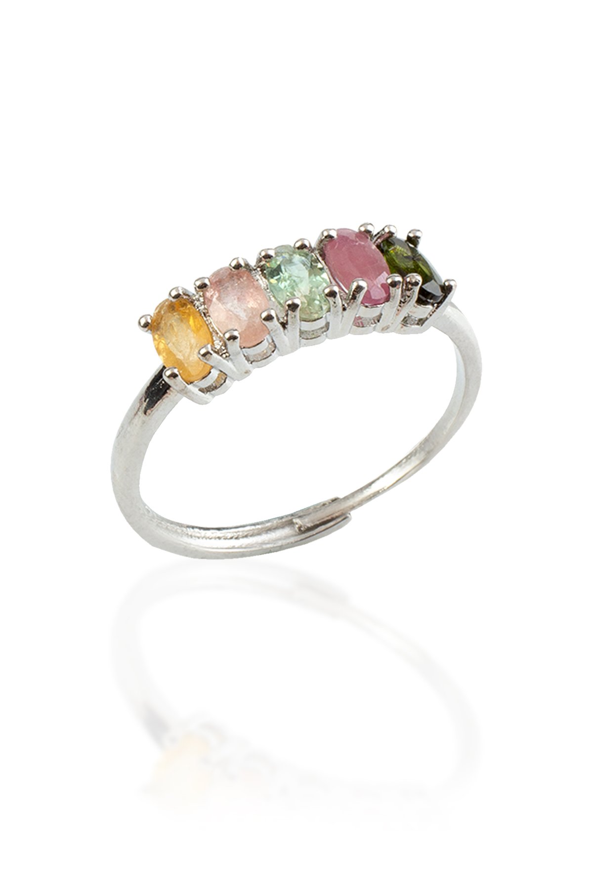 Turmalin Doğal Taş Oval Kristal Kesim Pirinç Üzeri Gümüş Kaplama Ayarlanabilir Yüzük