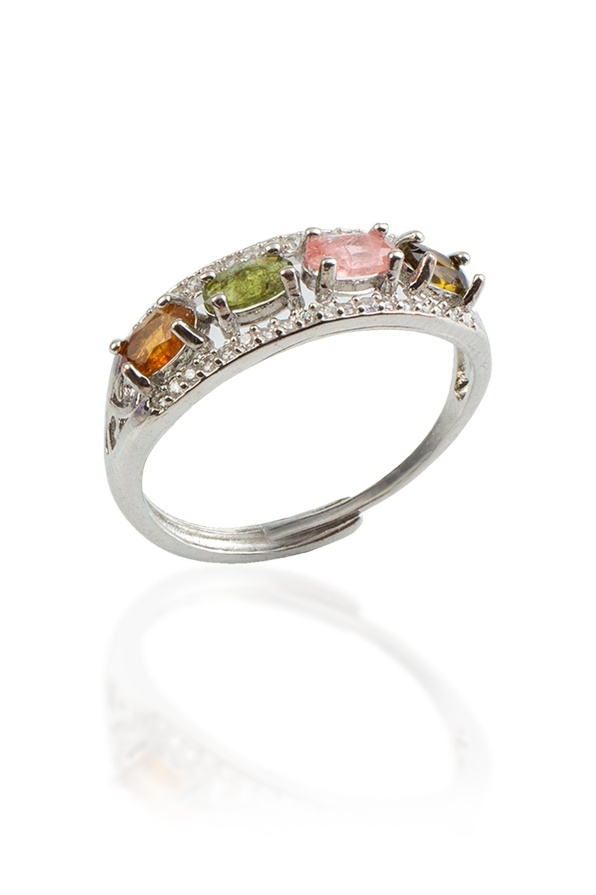 Turmalin Doğal Taş Oval Kristal Kesim Pirinç Üzeri Gümüş Kaplama Ayarlanabilir Yüzük