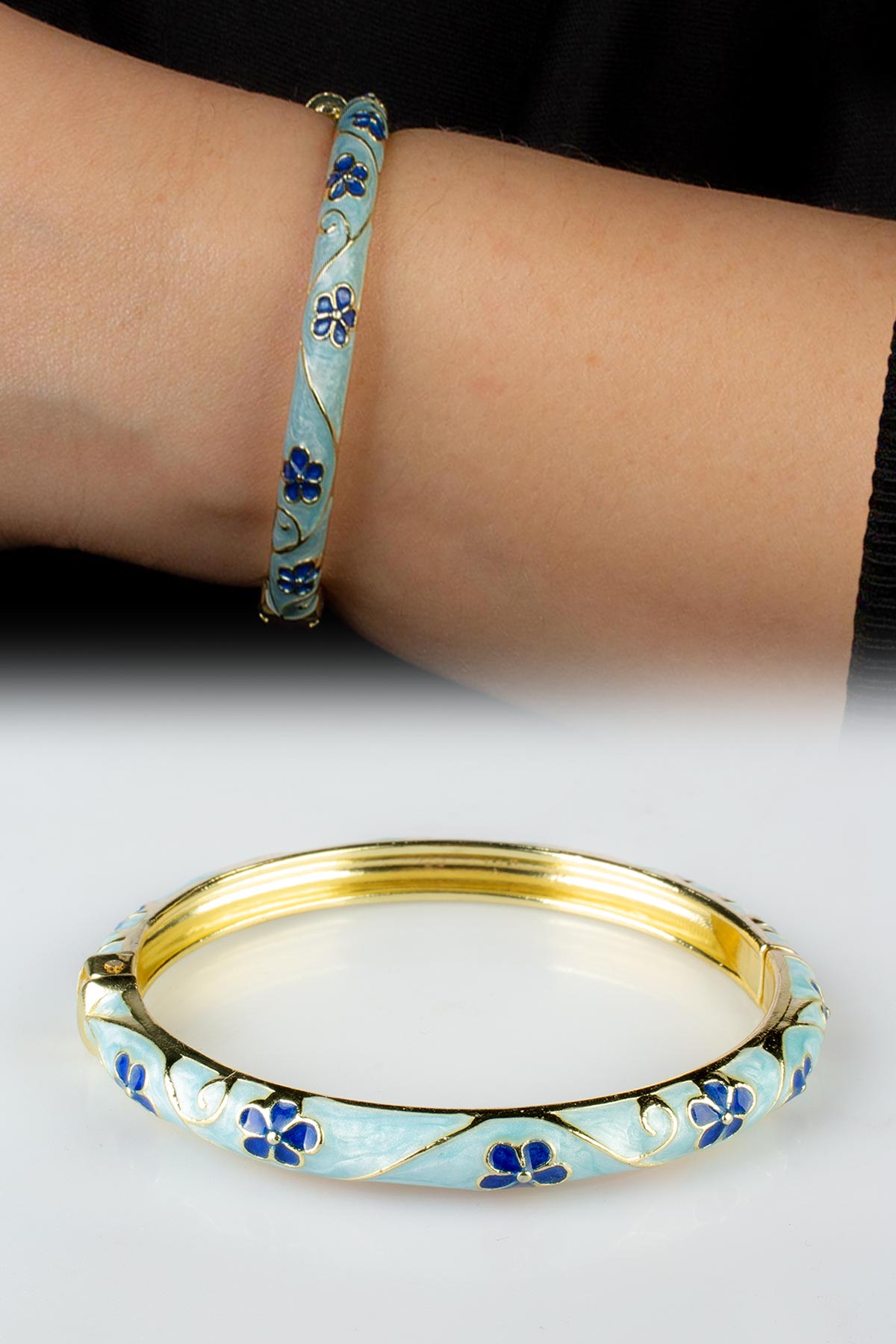 Vintage Buz Mavisi Mineli Çiçek Desenli Bilezik