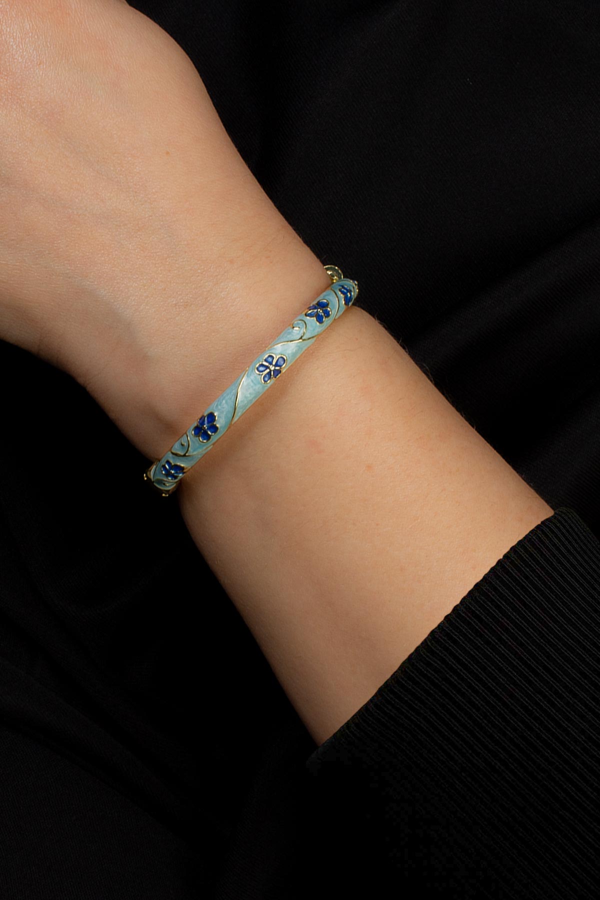 Vintage Buz Mavisi Mineli Çiçek Desenli Bilezik