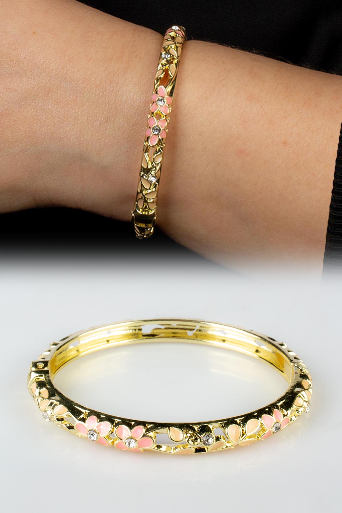 Vintage Gold Mineli Çiçek Desenli Bilezik