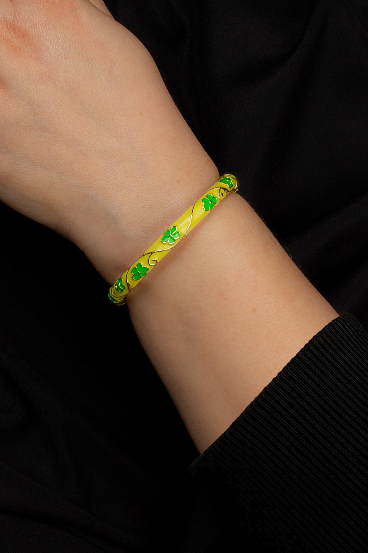 Vintage Limon Sarısı Mineli Çiçek Desenli Bilezik