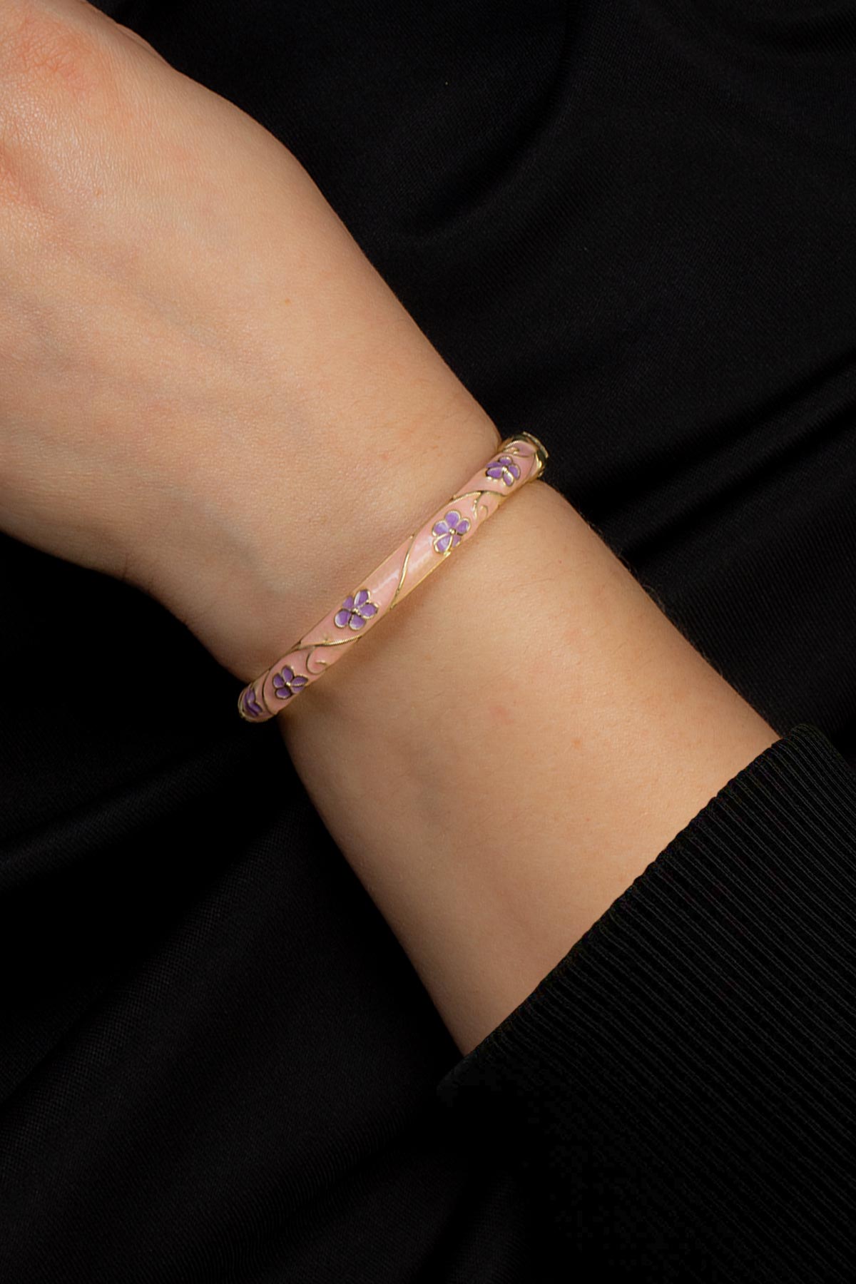 Vintage Pudra Pembe Mineli Çiçek Desenli Bilezik