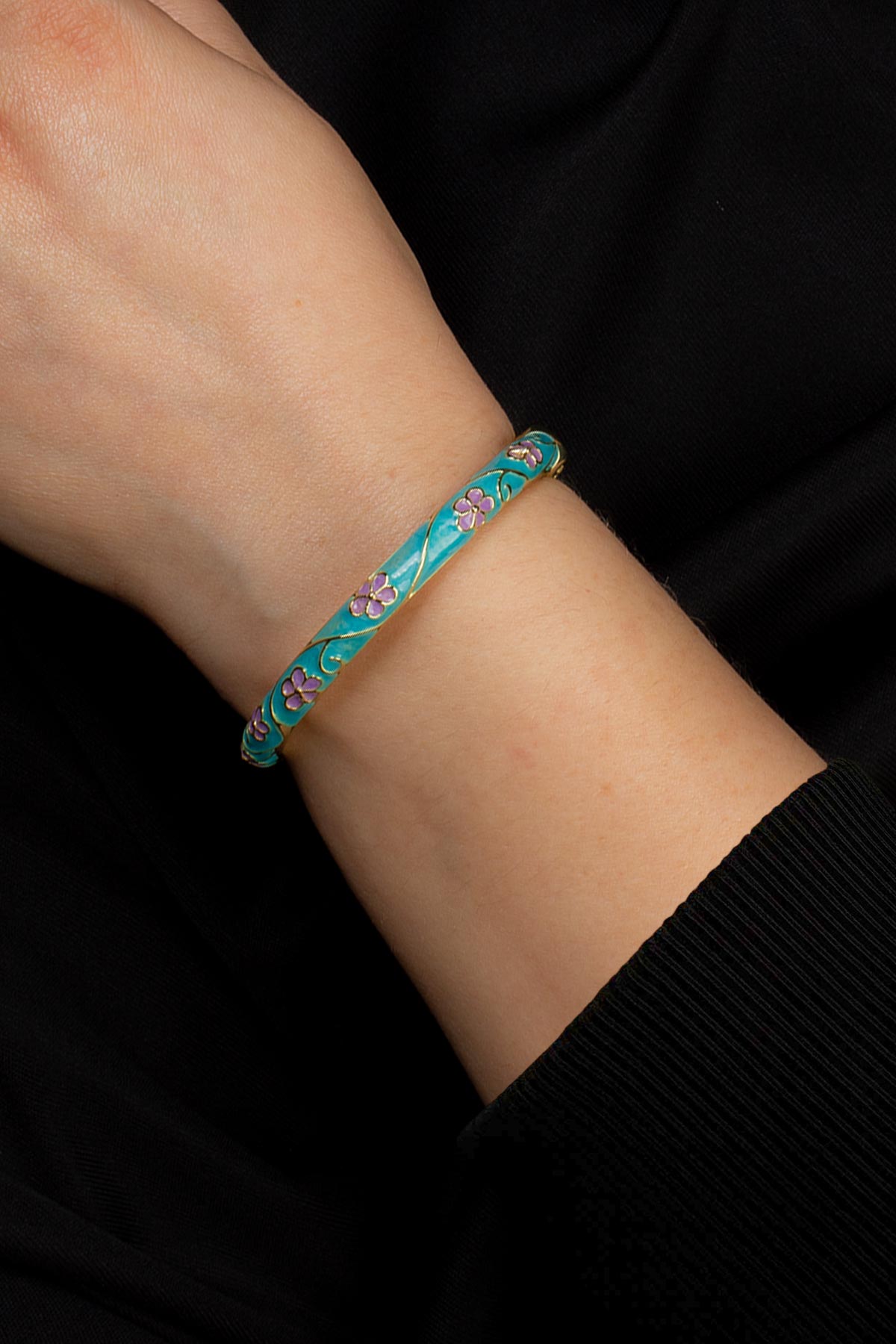 Vintage Turkuaz Mineli Çiçek Desenli Bilezik