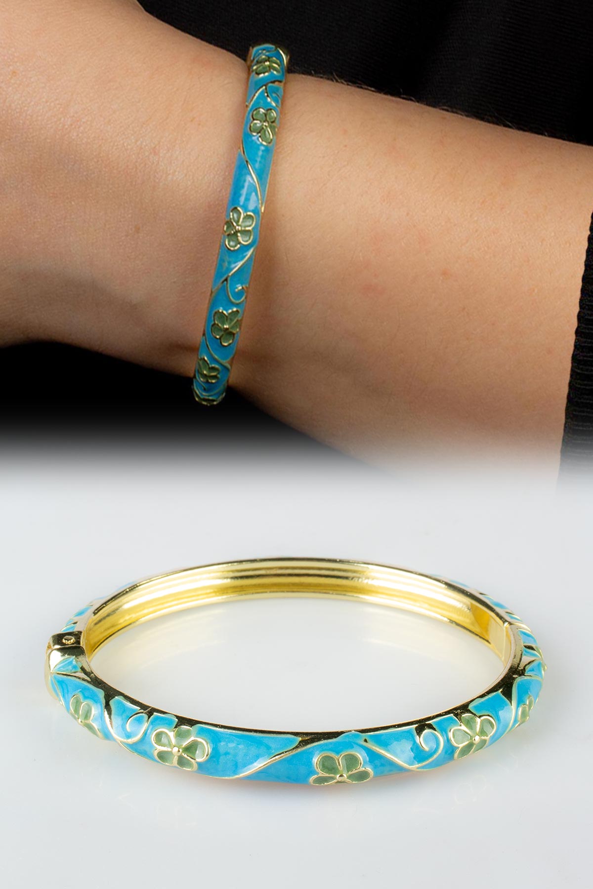 Vintage Turkuaz Mineli Çiçek Desenli Bilezik