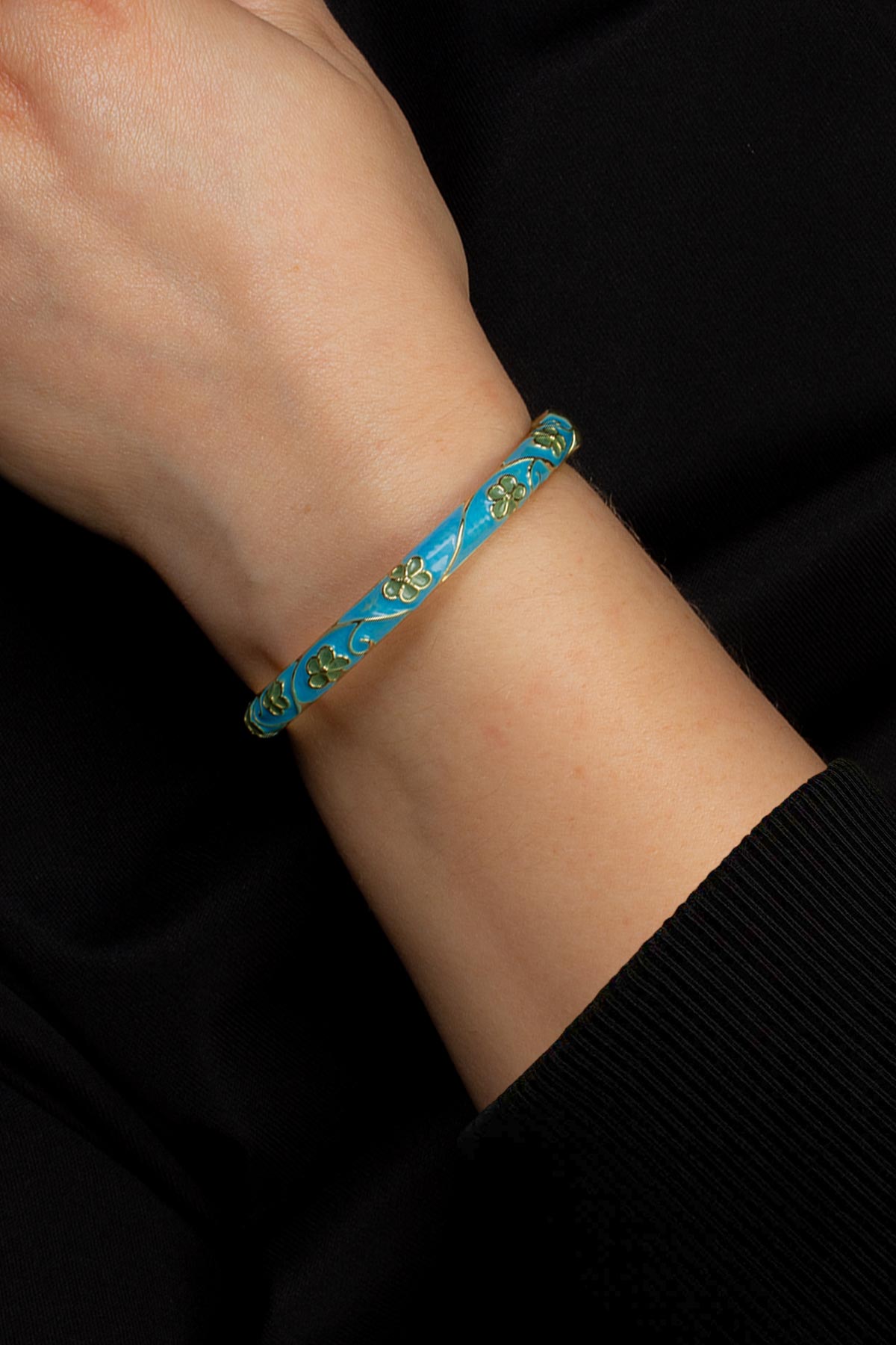 Vintage Turkuaz Mineli Çiçek Desenli Bilezik