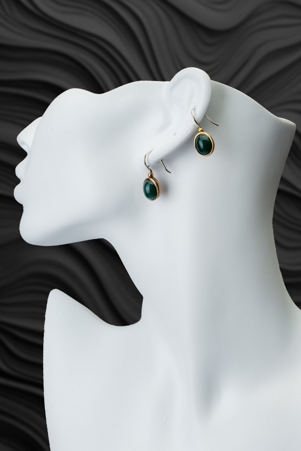 Yeşil Akik Doğal Taş Büyük Oval Kesim Bronz Küpe