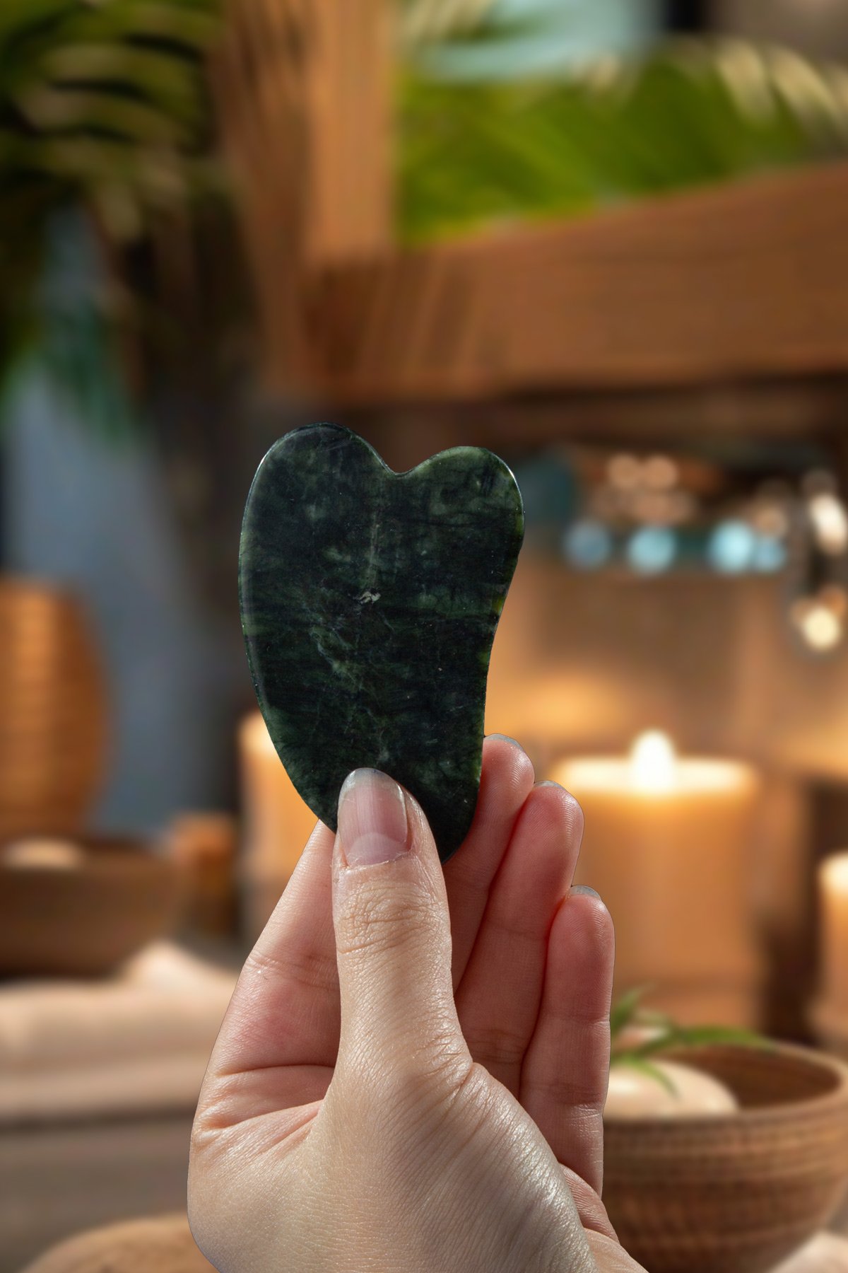 Yeşim Doğal Taş Gua Sha Kalp Kesim Yüz Masaj Taşı AB+