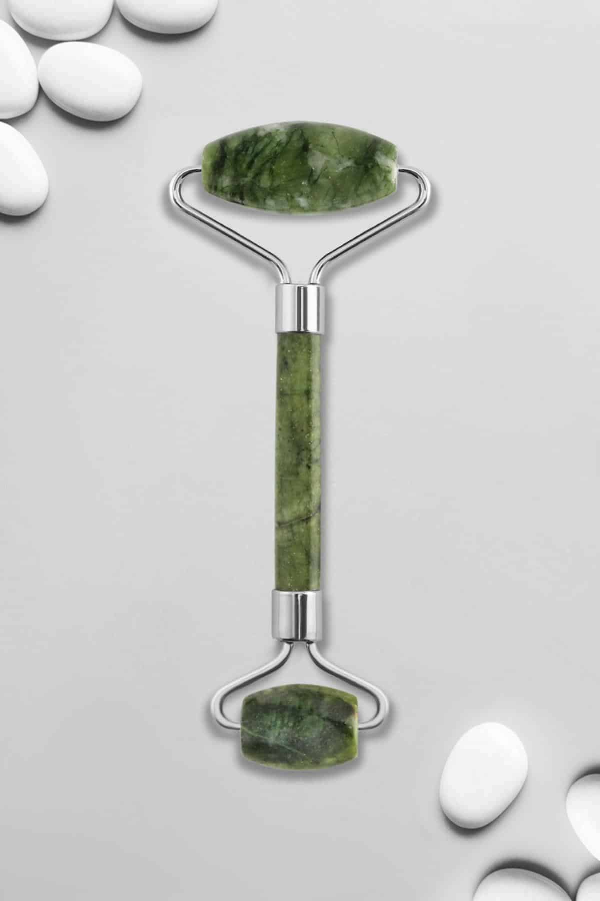 Yeşim Doğal Taş Gümüş Face Roller Çift Taraflı Masaj Aleti