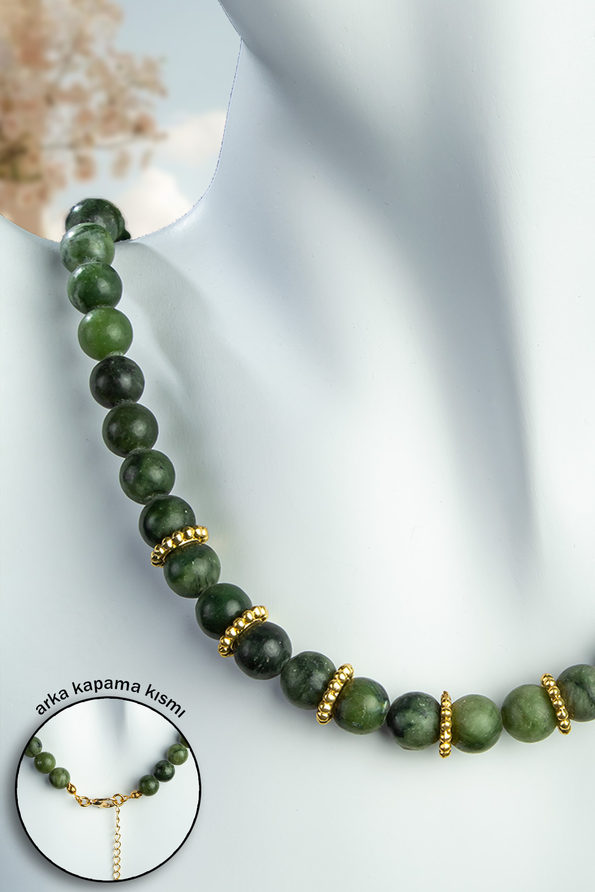 Yeşim Doğal Taş Küre Kesim Zincir Kapamalı Kolye