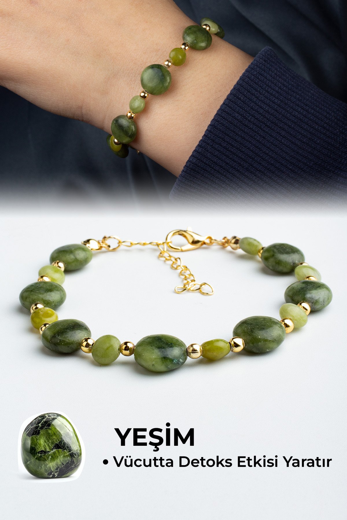 Yeşim Doğal Taş Yassı Daire Kesim Top Boncuklu Bileklik