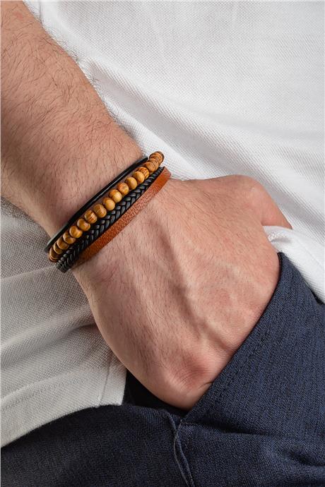 Ahşap Dizme Dörtlü Deri Erkeke Bileklik