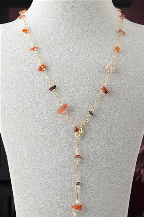 Akik Doğal Kırık Taş Kırmızı Yapıştırma Y Zincir Kolye