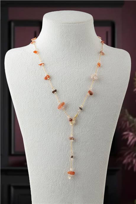 Akik Doğal Kırık Taş Kırmızı Yapıştırma Y Zincir Kolye