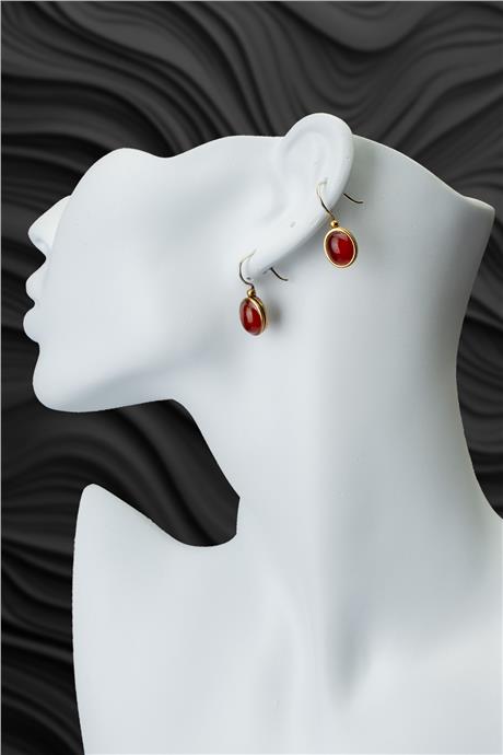 Akik Doğal Taş Büyük Oval Kesim Bronz Küpe