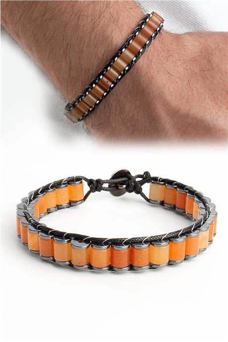 Akik Doğal Taş Kahverengi Örme Erkek Bilekliği 6x5mm