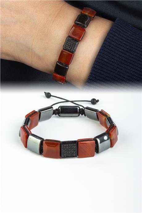 Akik Doğal Taş Kanallı Kare Kesim Zirkonlu 10x10mm Makrome Bileklik