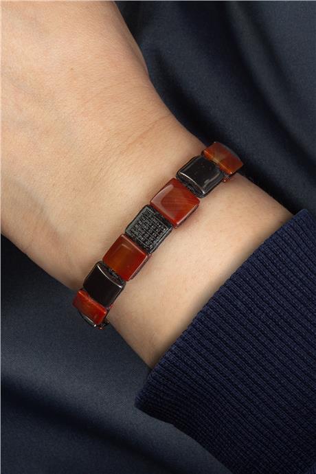 Akik Doğal Taş Kanallı Kare Kesim Zirkonlu 10x10mm Makrome Bileklik