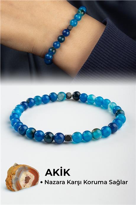 Madagaskar Akik Doğal Taş Küre Kesim Parlak Mavi 6mm Bileklik