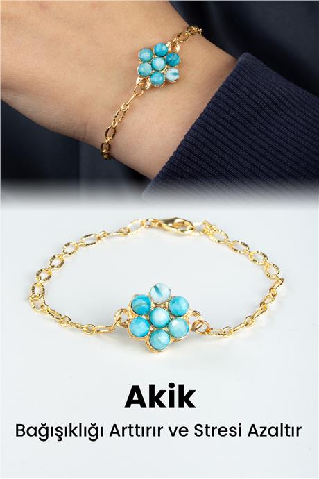 Akik Doğal Taş Mavi Çiçek Kesim Zincir Kapamalı Bileklik