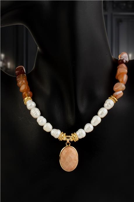 Akik-İnci Doğal Taş Tımbıl Kesim Turuncu Oval Taş Uçlük Çelik Kolye