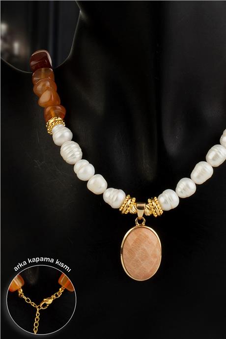 Akik-İnci Doğal Taş Tımbıl Kesim Turuncu Oval Taş Uçlük Çelik Kolye