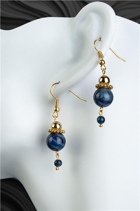 Akik Taşı Lacivert Küre Kesim Doğal Taş Küpe