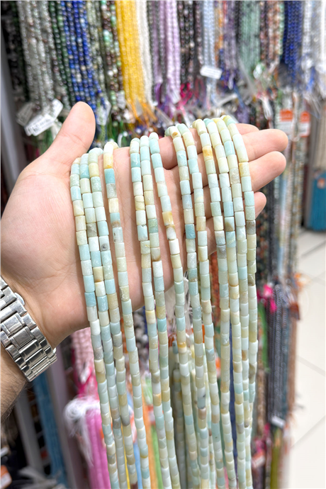 Amazonit Doğal Taş Silindir Kesim 5x8mm Dizi