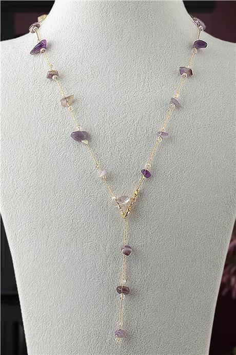 Ametist Doğal Kırık Taş Yapıştırma Y Zincir Kolye