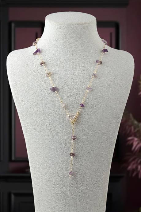 Ametist Doğal Kırık Taş Yapıştırma Y Zincir Kolye