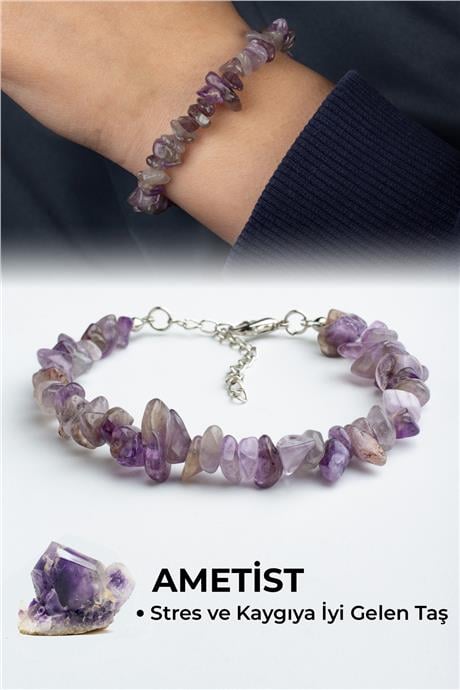 Ametist Doğal Kırık Taş Zincir Kapamalı Bileklik