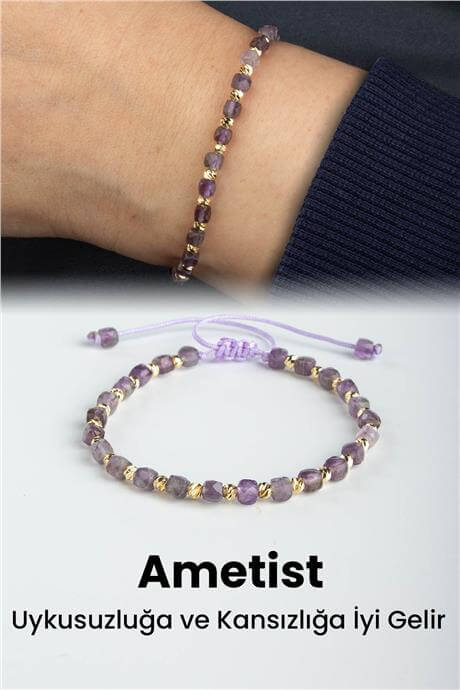 Ametist Doğal Taş Faset Küp Kesim Makrome Bileklik